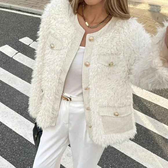 Beige Casual Women's Long Sleeve Faux Fur Crew Neck Tweed Coat - Picture 3 of 6